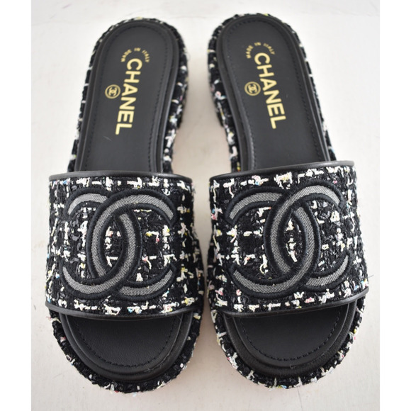 Chanel 20P Black White Tweed Mesh CC Logo Slide Slip Sandal Mule Heel Flat 36.5 - Picture 6 of 14